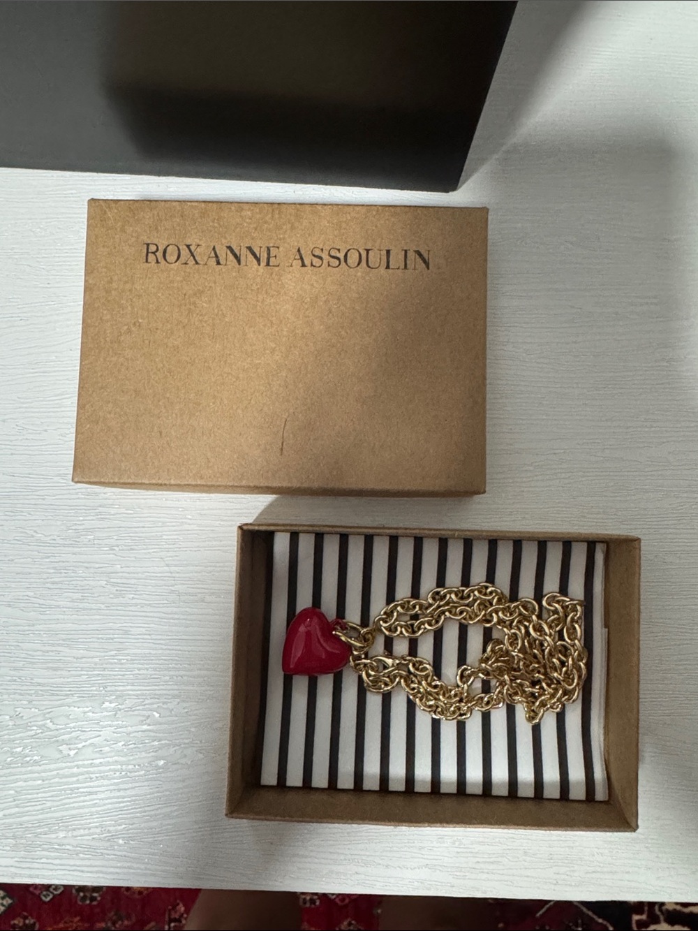 Roxanne Assoulin Gold Chain Necklace with Red Heart Charm mini puffy